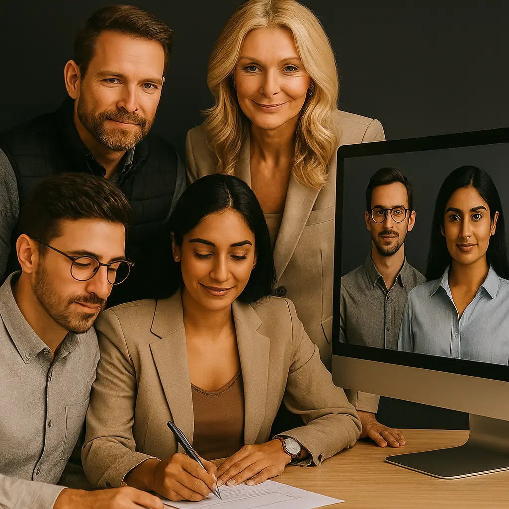 Four professionals collaborating at a desk with two colleagues visible on a video call screen, representing modern hybrid teamwork and AI-assisted productivity.