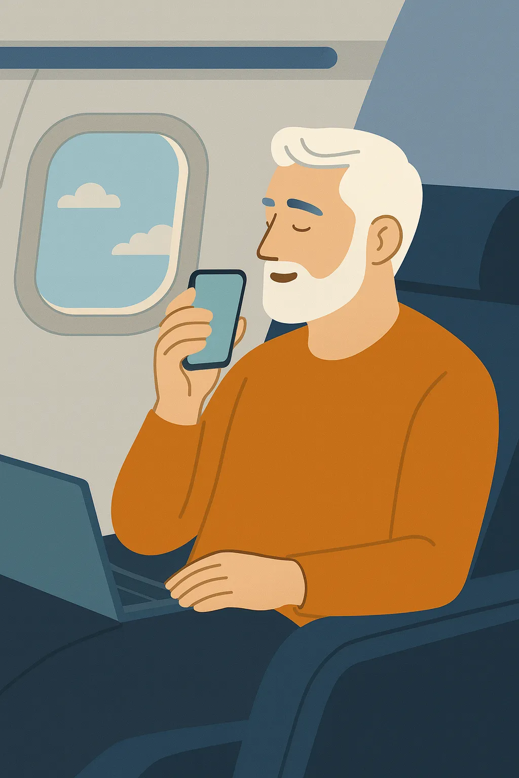 Illustration of an executive logging ideas mid-flight using Changeable AI tools, showing how NZ businesses can turn downtime into productivity.