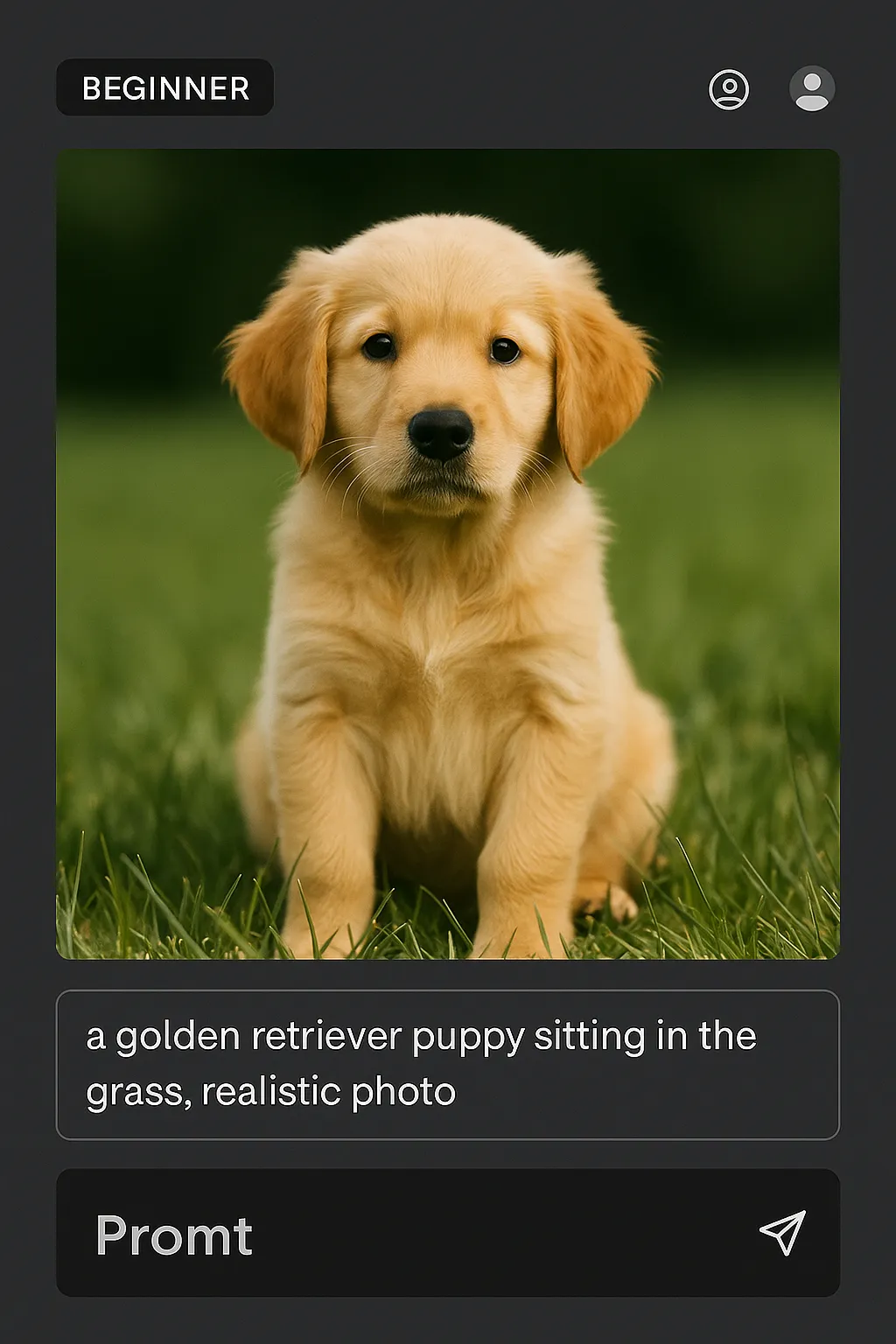 Example of a simple AI image prompt: “A golden retriever puppy sitting in the grass, realistic photo.” Easy starting point for beginners in NZ.
