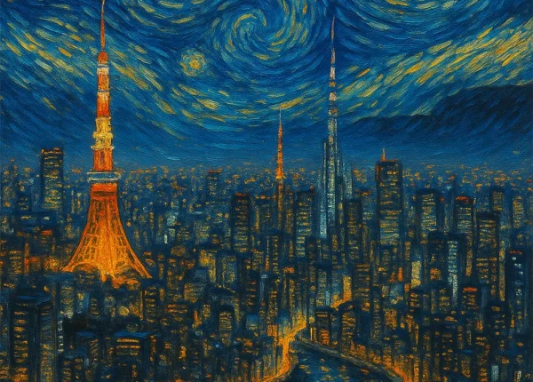 A surreal oil painting blending Van Gogh’s Starry Night with a futuristic Tokyo skyline, painted in ultra-detailed style