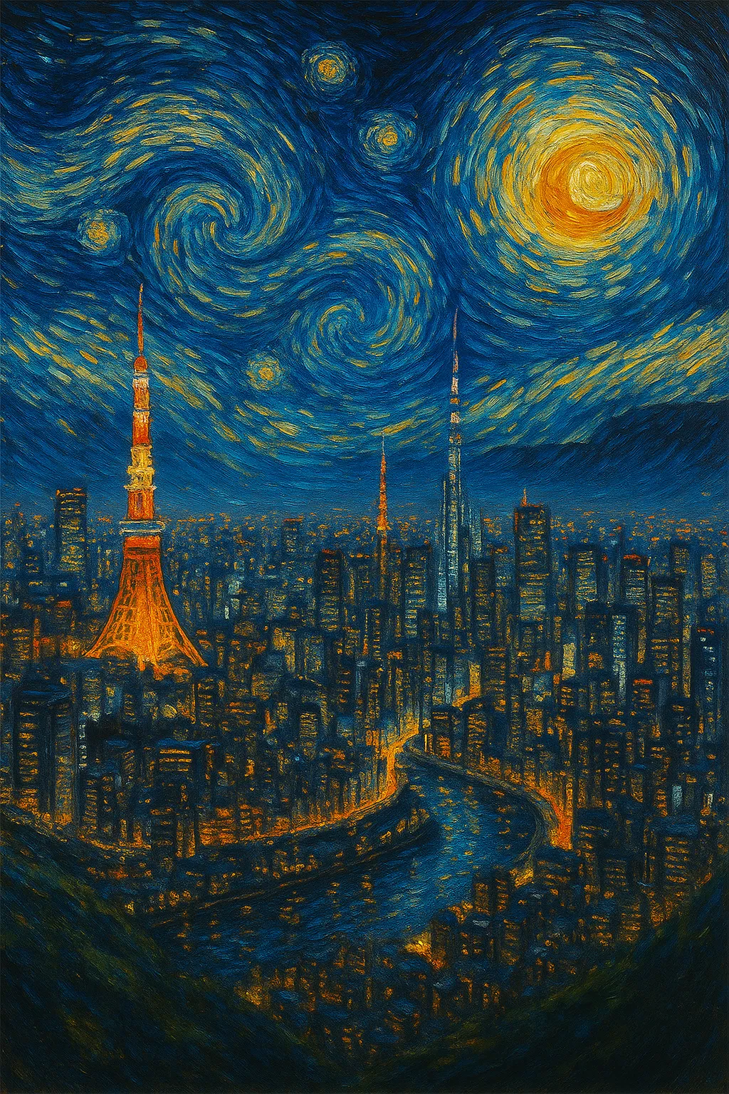 A surreal oil painting blending Van Gogh’s Starry Night with a futuristic Tokyo skyline, painted in ultra-detailed style