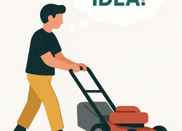 Illustration of a person mowing the lawn with a “Great Idea” thought bubble, symbolising how everyday moments spark business ideas powered by AI.