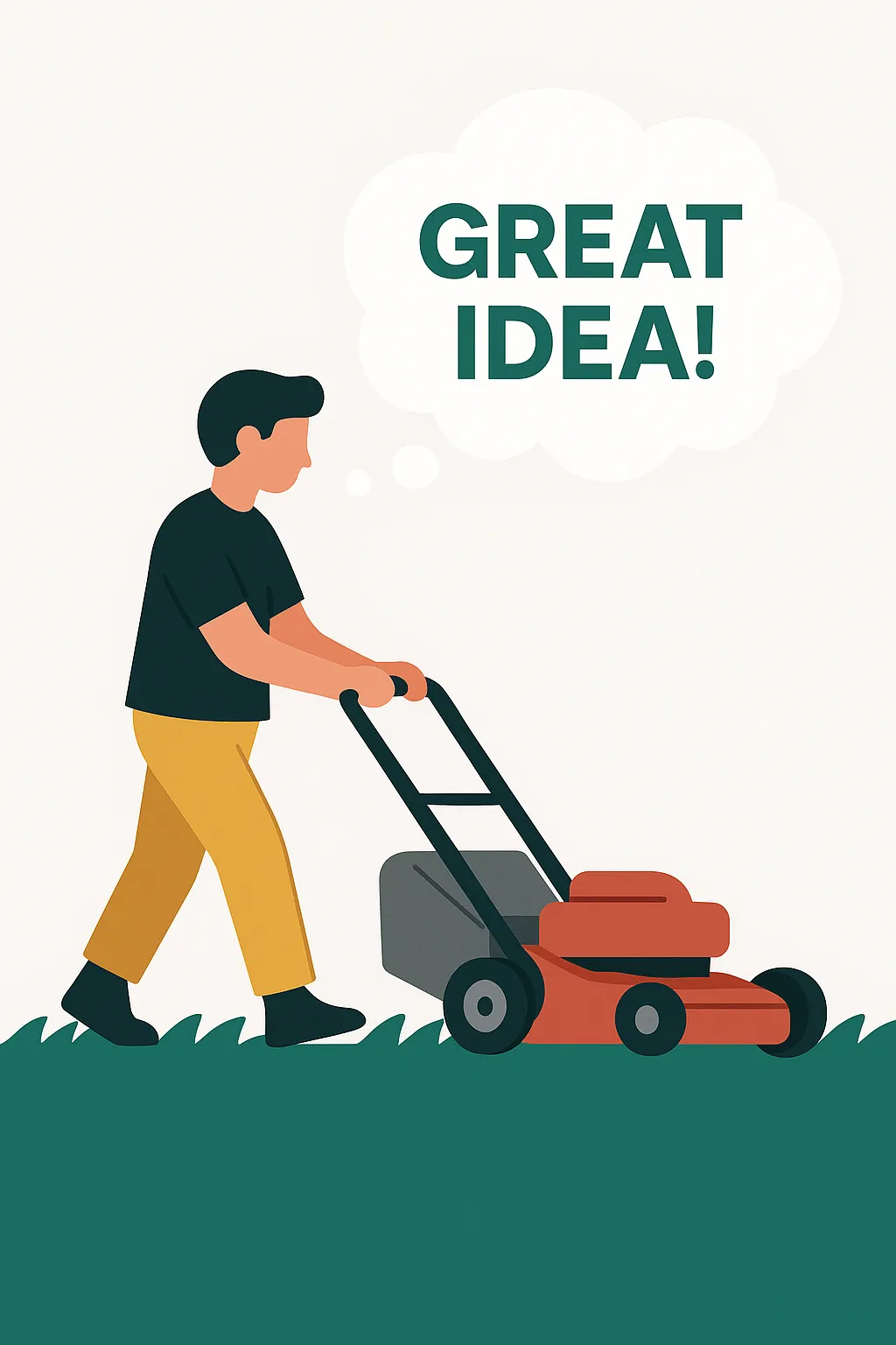 Illustration of a person mowing the lawn with a “Great Idea” thought bubble, symbolising how everyday moments spark business ideas powered by AI.