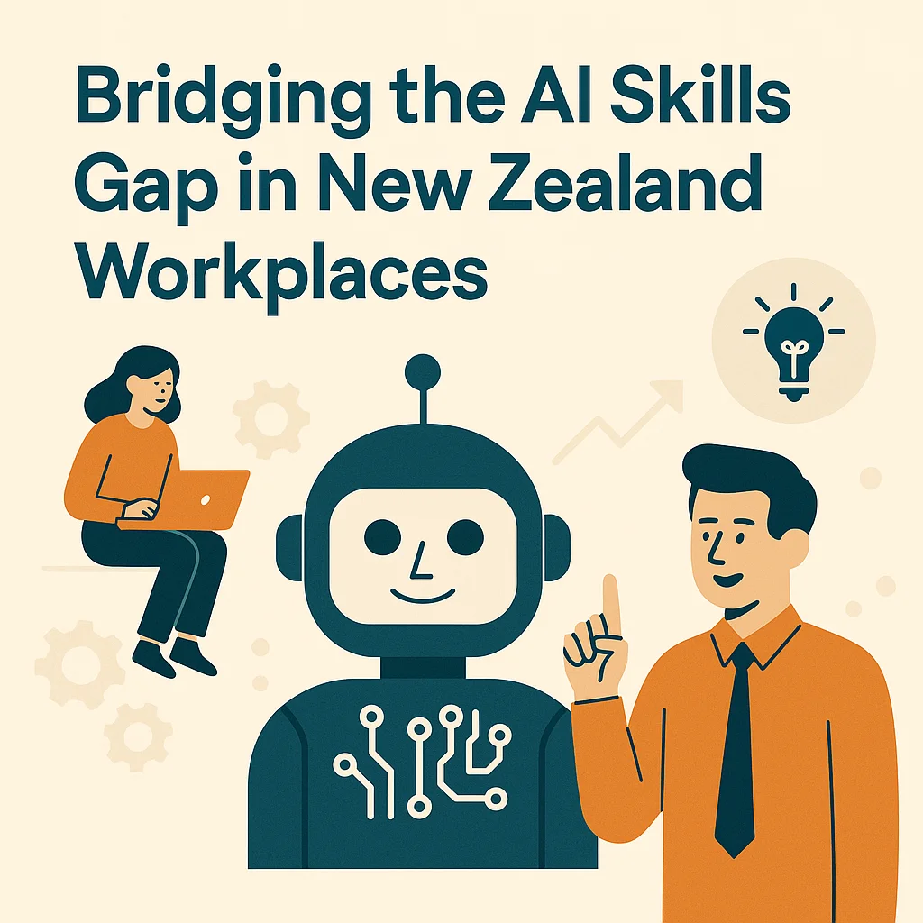 Flat-style illustration of a New Zealand workplace team with AI elements, used as the featured image for a blog about bridging the AI skills gap in NZ workplaces.