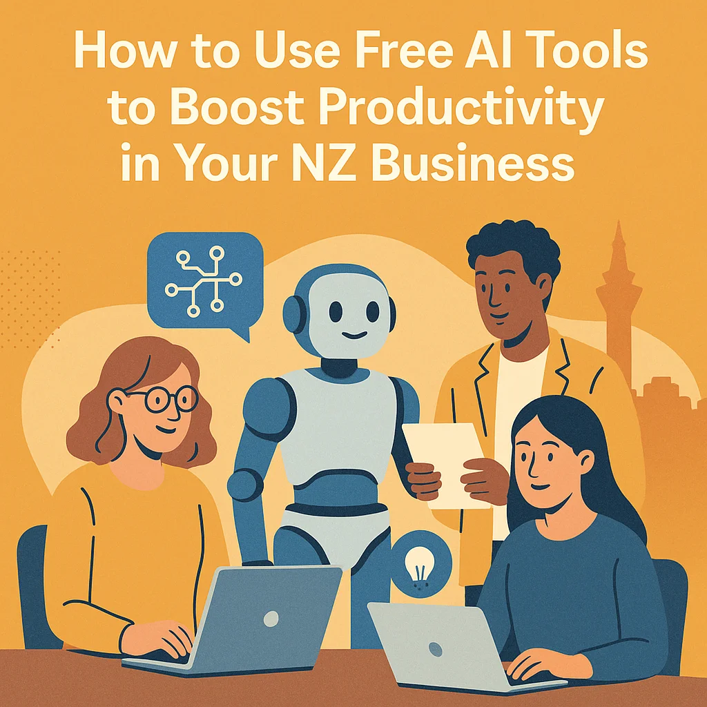 Flat 2D illustration of New Zealand businesspeople using laptops with AI icons, representing a guide to free AI tools for boosting productivity in NZ businesses.