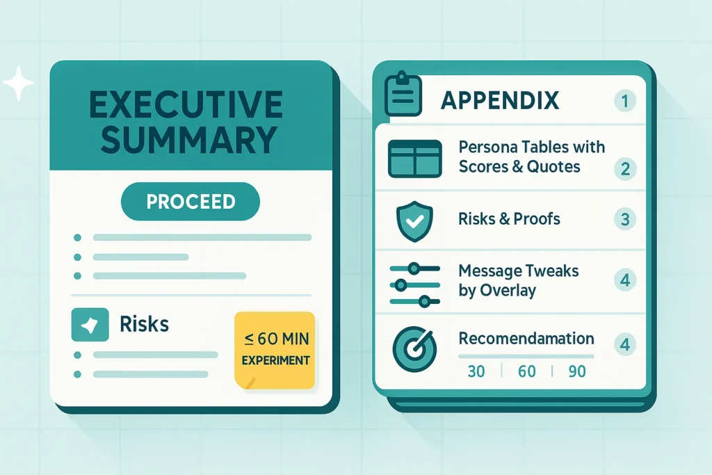 Graphic showing the MRIS 1-page executive summary with Proceed/Iterate/Defer and a 5-page appendix of personas, risks, and 30/60/90-day experiments.