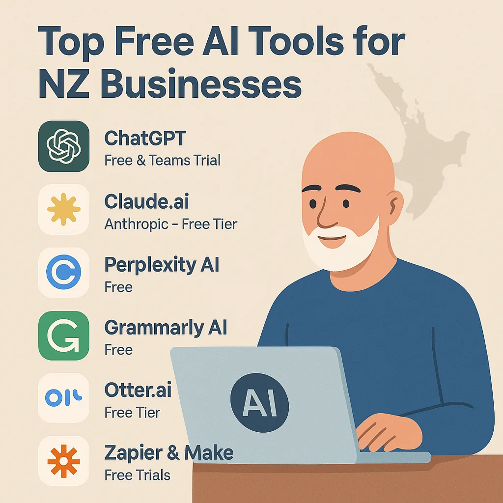Flat 2D infographic listing top free AI tools for New Zealand businesses—ChatGPT, Claude, Perplexity, Grammarly, Otter, Google Gemini, Zapier and Make—with a bald facilitator at a laptop and a NZ map, highlighting free or free-trial options.