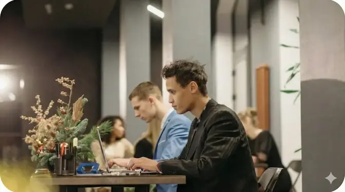 Two professional men in suits working on laptops in a modern New Zealand office lounge. Representing the strategic planning and AI implementation phase for Changeable clients in Taranaki.