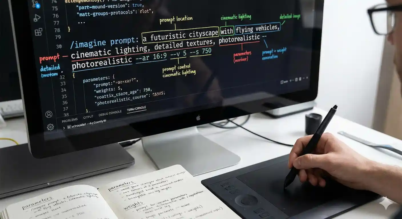 A developer at Changeable AI in Taranaki using a pen tablet and monitor to engineer a complex Midjourney prompt. Annotations show prompt parameters, aspect ratios, and weighted keywords for high-fidelity image generation in New Zealand.