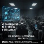 Infographic by Changeable showing the gap in New Zealand Government AI strategy; text highlights 272 initiatives with 80 percent stalled, positioned over a dark office and a glowing digital HUD.