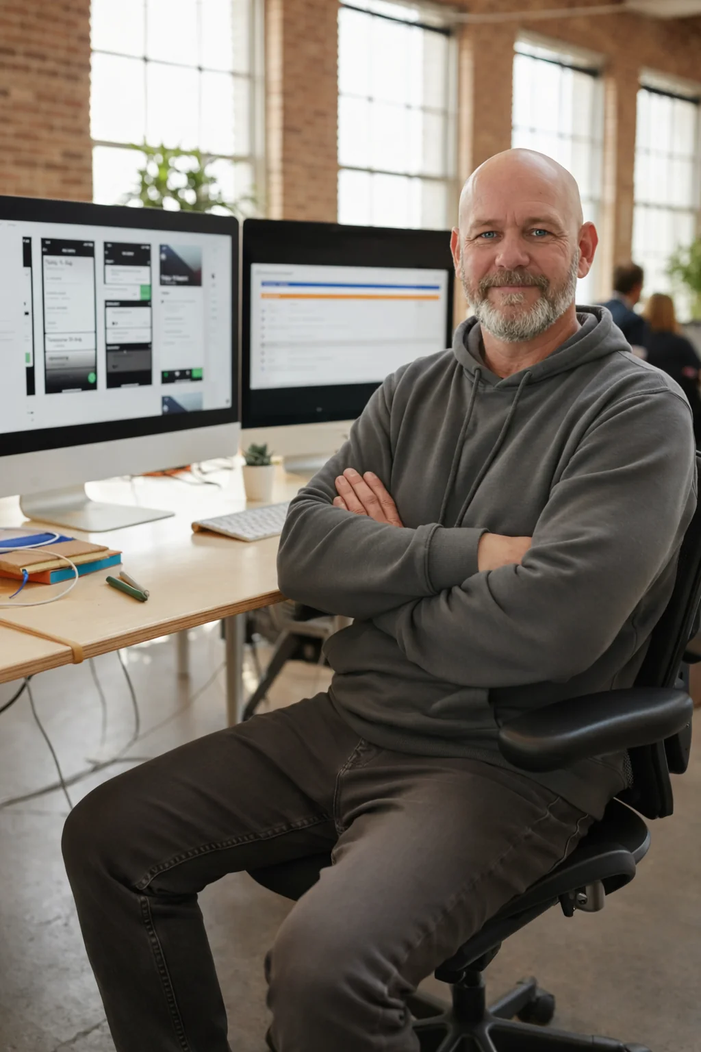 Steve Wilson, founder of Changeable and AI consultant in New Plymouth, sitting at his desk with monitors showing AI process improvement workflows.