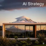 Modern office with glass walls reflecting Mount Taranaki at sunset, featuring the text AI Strategy, representing Changeable's AI consulting services in New Plymouth.