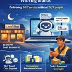 Infographic titled AI-Powered CX: How Small Businesses Compete With Big Brands. Illustrated scene of a local shop at night with a laptop showing a chatbot, highlighting 24/7 smart chat support and automated order processing in New Zealand.