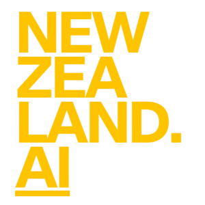 Bold yellow text graphic reading "NEW ZEALAND. AI" in a stacked sans-serif font on a white background, representing AI innovation in NZ.