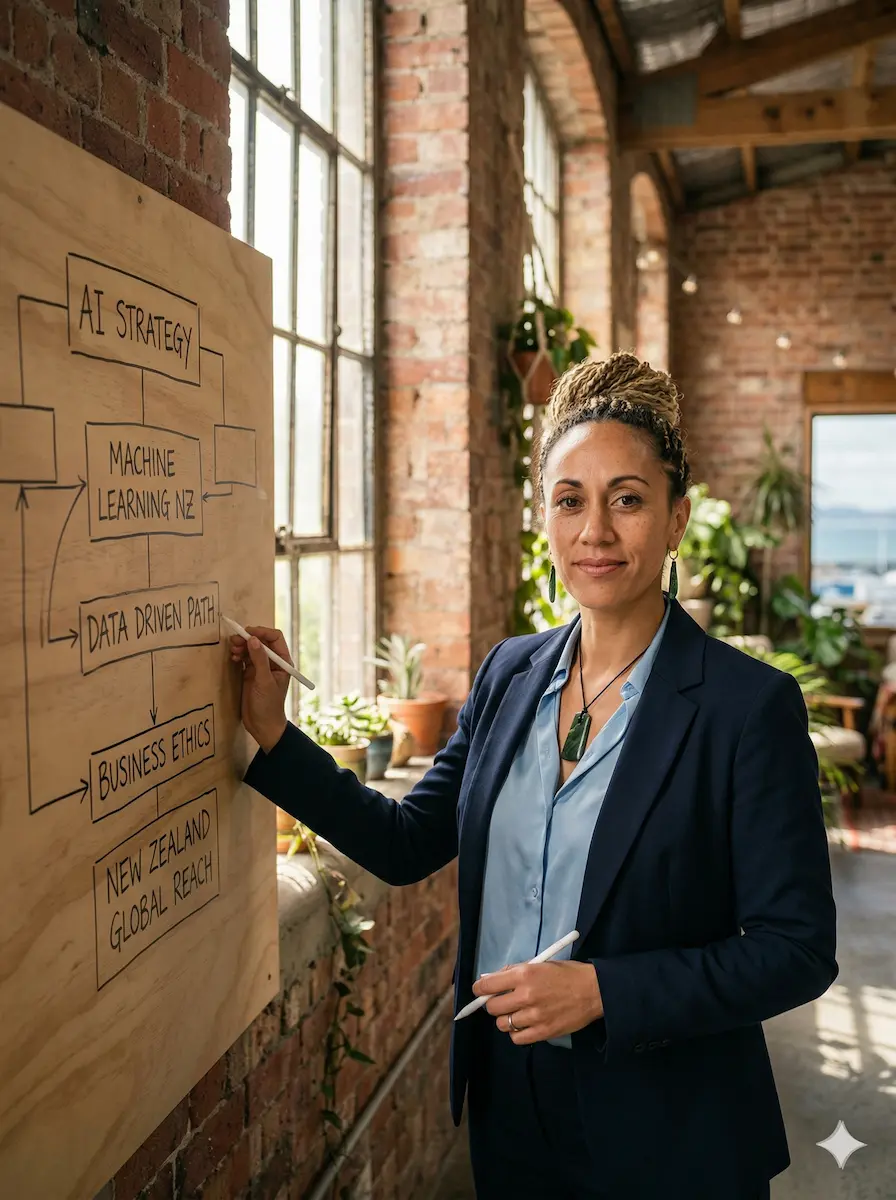 A professional AI strategy consultant in a modern New Zealand office loft, drawing a machine learning and data roadmap on a wooden whiteboard.