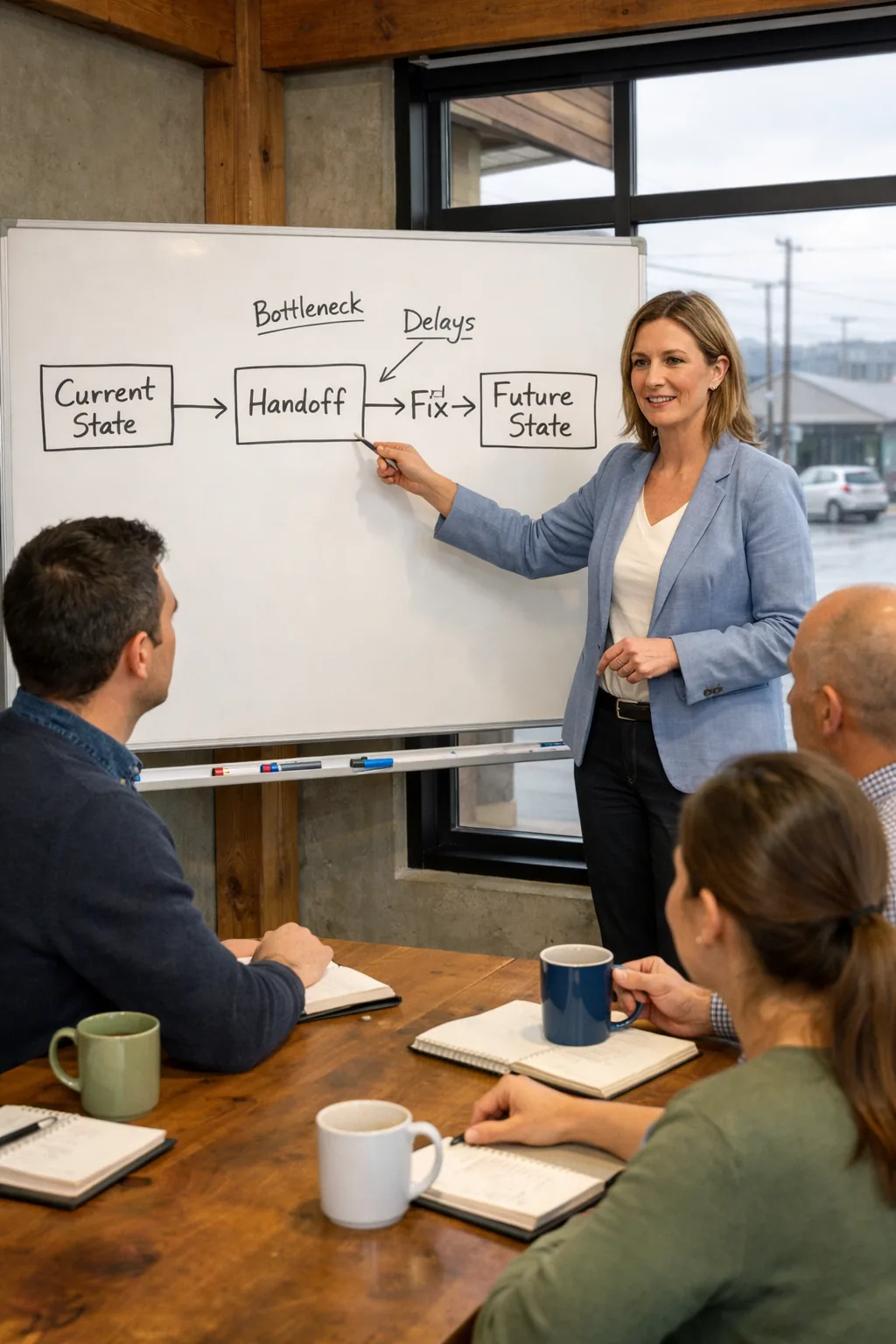Consultant explaining a hand-drawn business process flow on a whiteboard to staff in a small New Zealand business workspace.