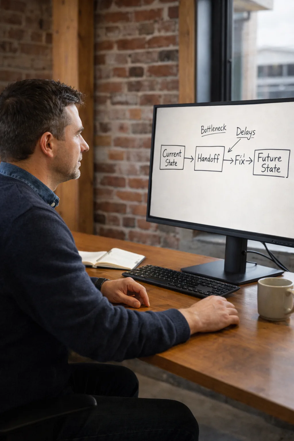 Mid-career professional reviewing a process map on a monitor at a desk in a brick-and-timber New Zealand office with natural light.
