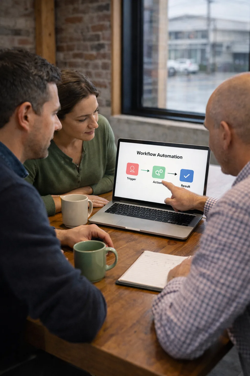 Small New Zealand business team gathered around a laptop reviewing a workflow automation diagram in a brick-and-timber workspace.